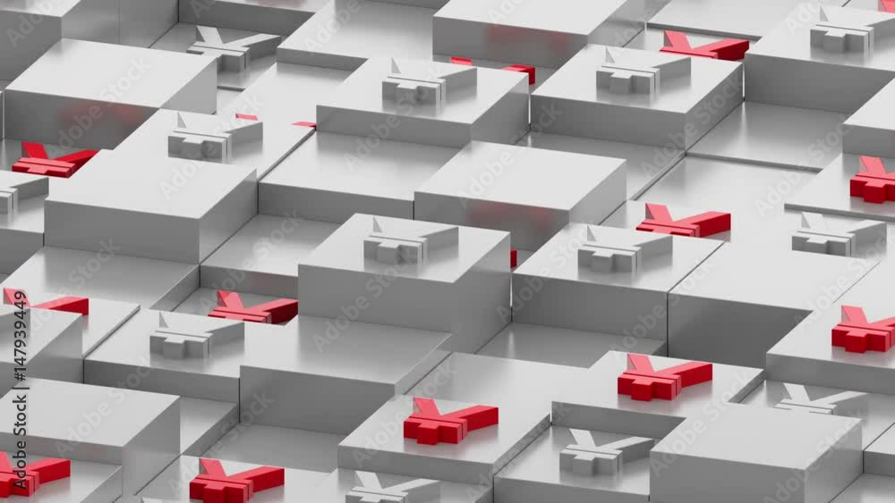 Poster abstract 3d render of box in perespective. currency sign on the top of square primitives. cubes with
