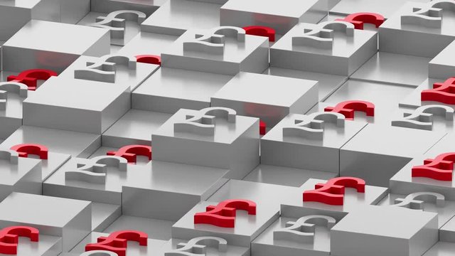 Abstract 3d render of box in perespective. Currency sign on the top of square primitives. Cubes with random height forms a geometric backround in dimetric perespective.