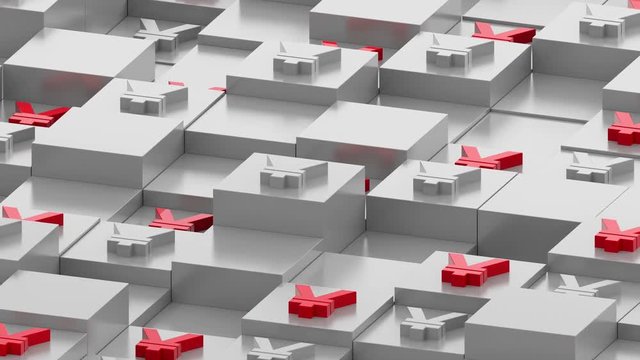 Abstract 3d render of box in perespective. Currency sign on the top of square primitives. Cubes with random height forms a geometric backround in dimetric perespective.