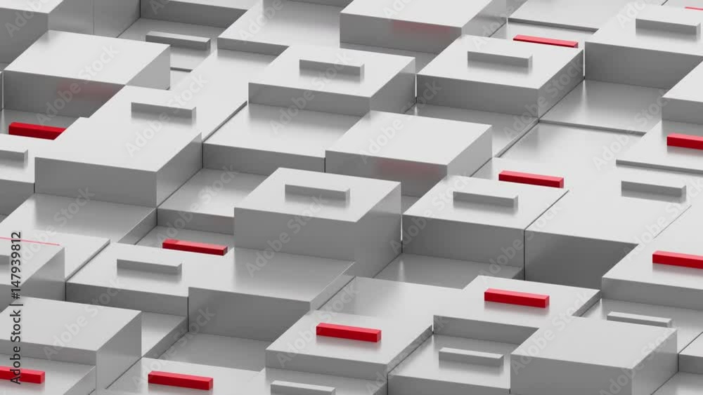 Poster abstract 3d render of box in perespective. minus sign on the top of square primitives. cubes with ra