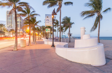 FORT LAUDERDALE, FL - JANUARY 2016: Promenade along the ocean at night. Fort Lauderdale is a major...