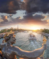 Papier Peint photo autocollant Pont Alexandre III Alexandre III bridge in Paris against Eiffel Tower with boat on Seine, France