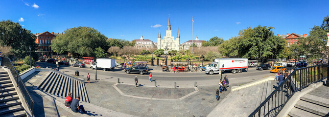 NEW ORLEANS - FEBRUARY 2016: Panoramic view of Jackson Square. New Orleans attracts 15 million...