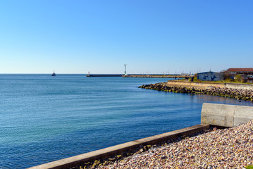 Port Hel, a view from coastal promenade along beach and Baltic Sea, Poland.