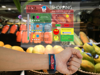 iot,internet of things marketing concept,man wear a smart watch with augmented reality technology to see the data which recommended by retail,the application show subtotal,recommended ,search engine