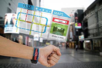 iot, internet of things,concept man use smart watch with augmented reality technology to show the map and the destinations