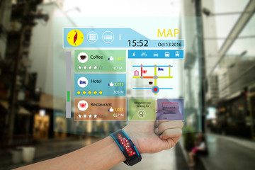 iot, internet of things,concept man use smart watch with augmented reality technology to show the map, recommended place with review including like,ratio of vote,and transport vehicle,while travel