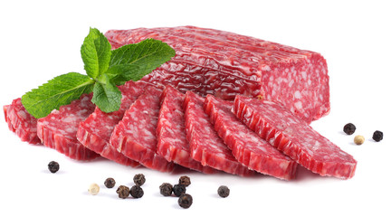 Salami smoked sausage with slices and mint leaves isolated on white background cutout