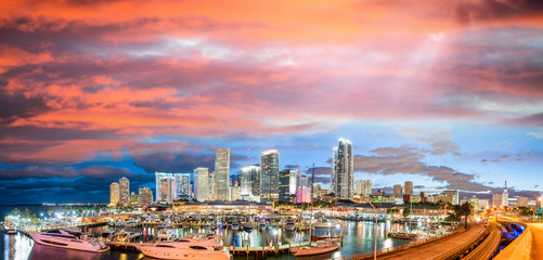 Amazing sunset over Downtown Miami. Panoramic view from Port Boulevard