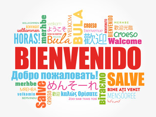 Bienvenido (Welcome in Spanish) word cloud in different languages, conceptual background