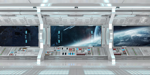Spaceship interior with view on distant planets system 3D rendering elements of this image furnished by NASA © sdecoret
