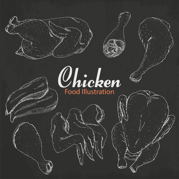 Set of hand drawn chicken isolated on black background