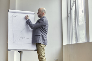 Fototapeta premium Bald Businessman Drawing a Question Mark on a Board