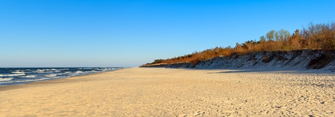 Panoramic view of sandy beach and Baltic Sea. Hel Peninsula, Poland.