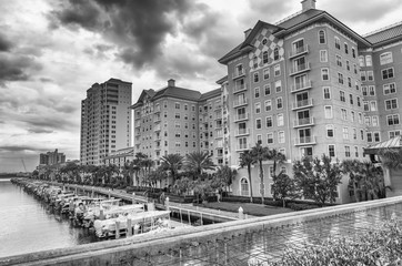 TAMPA - FEBRUARY 2016: City buildings in front of docked small boats. Tampa is a major destination in Florida