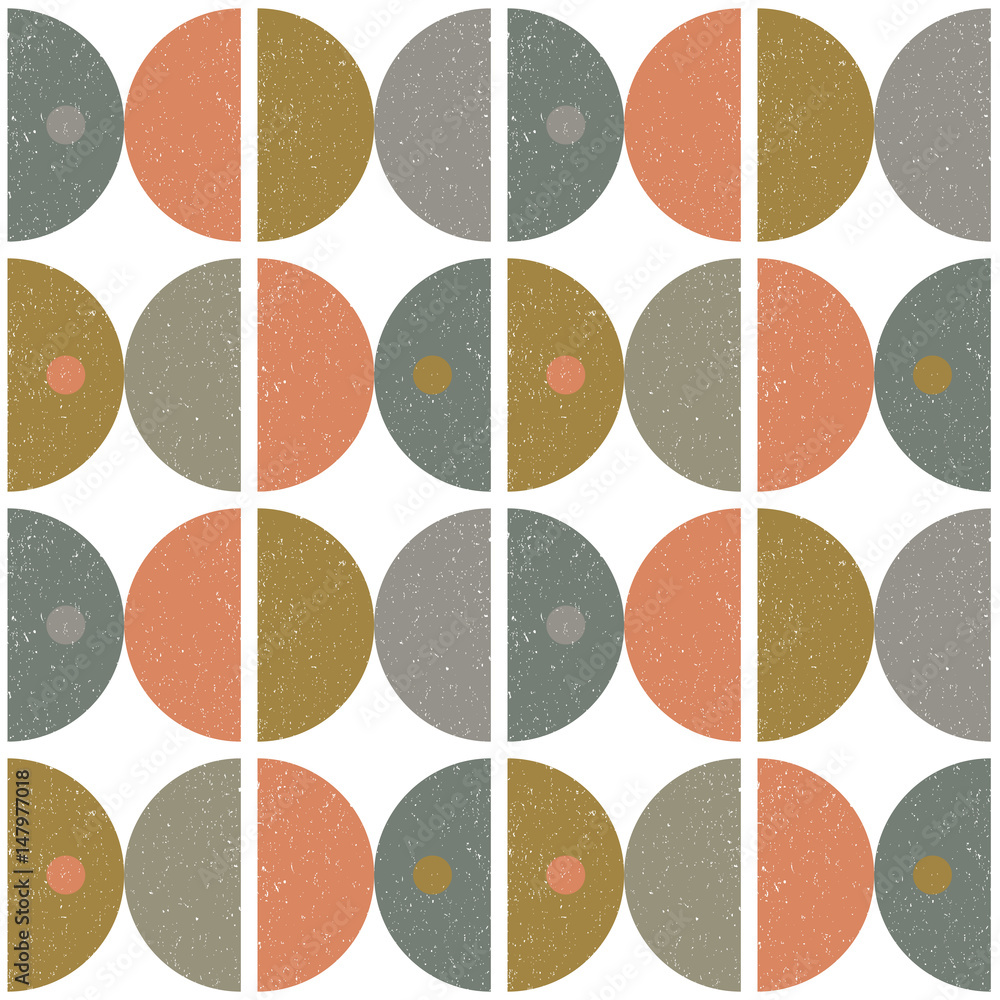 Aufkleber Modern vector abstract seamless geometric pattern with semicircles and circles in retro scandinavian style. Pastel colors shapes with worn out texture on white background.
