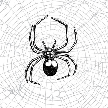 Hand drawn spider on the web. Realistic insect. Vintage stippling and hatching style. Engraved doodle line graphic design for Halloween. Black and white. Vector.