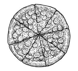 Pizza illustration, drawing, engraving, ink, line art, vector
