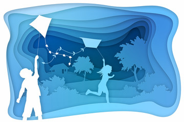 Иллюстрация художественная резьба из бумаги. Дети запускают воздушного змея.