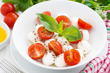 traditional salad with mozzarella and cherry tomatoes, top view, close-up