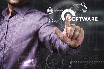 Business, Technology, Internet and network concept. Young businessman working on a virtual screen...