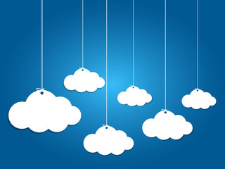 6 paper clouds hanging on blue background.