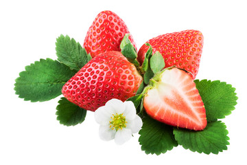 Isolated strawberries with leaves. Whole and half strawberry on white with clipping path