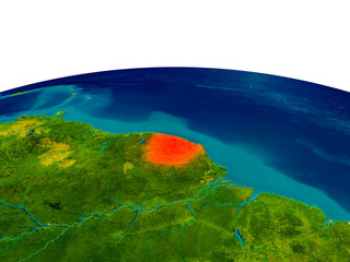 French Guiana on model of planet Earth
