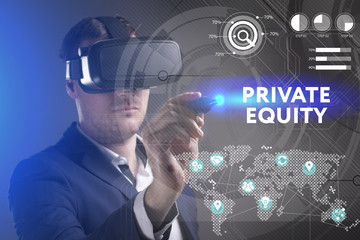 Business, Technology, Internet and network concept. Young businessman working in virtual reality glasses sees the inscription: Private equity