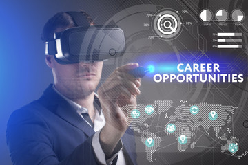 Business, Technology, Internet and network concept. Young businessman working in virtual reality glasses sees the inscription: Career opportunities