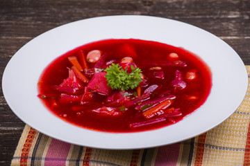 Ukrainian and russian national food - red beet soup, borscht