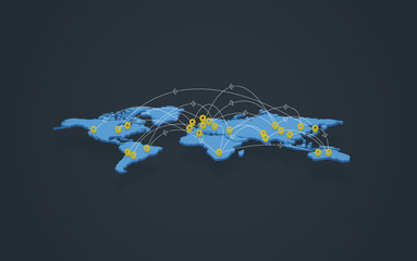 3d illustration of a soil slice,  blue world map with plane route and city pins on dark background