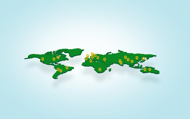 3d illustration of a soil slice,  green world map with city pins on light background