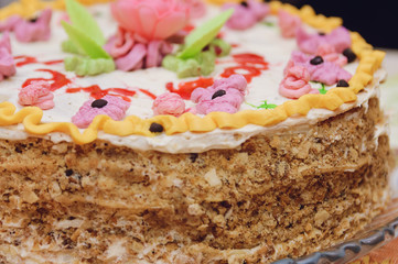 Homemade cake with cream decoration. Close-up, selective focus.