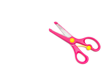 top view red handcraft scissors for children on a white background