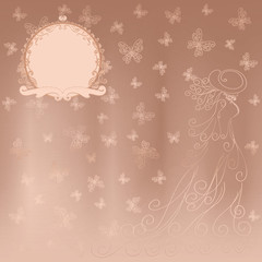 Romantic background with lady and butterflies, and round frame on a beige satin 