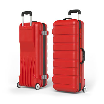 Red suitcase on a white background. 3d rendering.