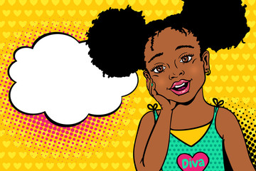 Wow pop art kids face. Happy surprised little african american girl with open mouth and afro hairstyle and empty speech bubble. Vector colorful background in pop art retro comic style.