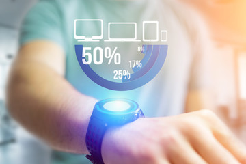 Blue survey graph interface with business theme going out a smartwatch - Technology concept