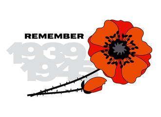 Isolated poppy flower poster. II world war illustration with poppy flower and years numbers