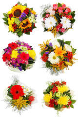 set of different spring bouquet of different flowers isolated on white background