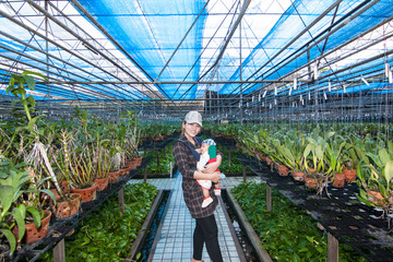 Mother and her son in the greenhouse