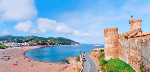 Spain.  Catalunya. Tossa de Mar. Aerial and panoramic view of Fortress Vila Vella and Badia de Tossa on the Costa Brava. Azure sea. Sightseeing tour in Spain.