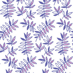 tender violet floral motif vector illustration. tropical leaves seamless pattern on white background. hand drawn naive style natural design