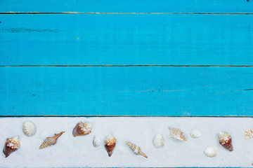 Blank beach sign with seashells and sand border
