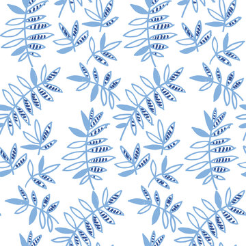blue floral motif vector illustration. tropical leaves seamless pattern on white background. hand drawn naive style natural design