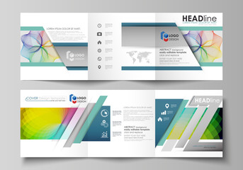 Business templates for tri fold square brochures. Leaflet cover, flat layout, easy editable vector. Colorful design with overlapping geometric shapes and waves forming abstract beautiful background.