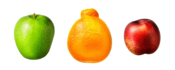 Summer fruit set against a white background apple, nectarine, orange