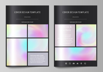 Business templates for brochure, flyer, report. Cover design template, vector layout in A4 size. Hologram, background in pastel colors, holographic effect. Blurred colorful pattern, futuristic texture