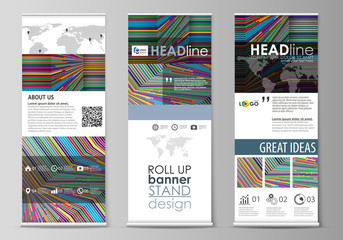 Roll up banner stands, abstract style templates, corporate vertical vector flyers, flag layouts. Bright color lines, colorful design with geometric shapes forming beautiful minimalist background.